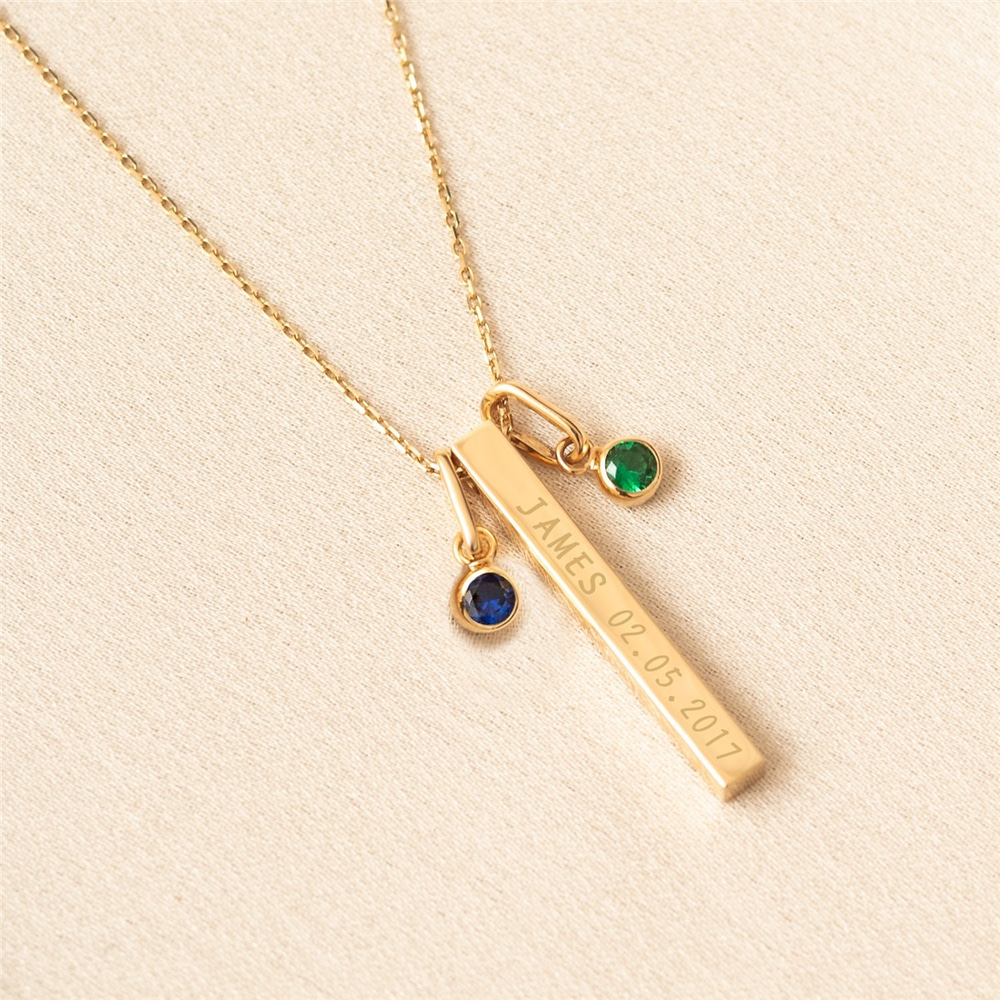 Goldstore-14K Solid Gold 4 Sides Bar Necklace, Personalized Cz Birthstone Gold Bar Necklace, Custom Coordinate Vertical Bar Necklace, Gift for Mom.