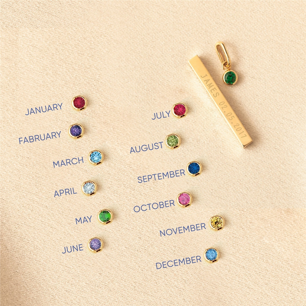 Goldstore-14K Solid Gold 4 Sides Bar Necklace, Personalized Cz Birthstone Gold Bar Necklace, Custom Coordinate Vertical Bar Necklace, Gift for Mom.