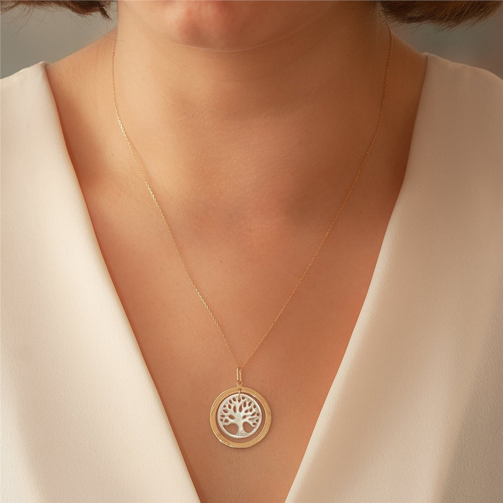 Goldstore-14k Solid Gold and Mother of Pearl Family Tree Necklace Of Life Engraved Name Necklace, Personalized Tree of Life Family Name Necklace.