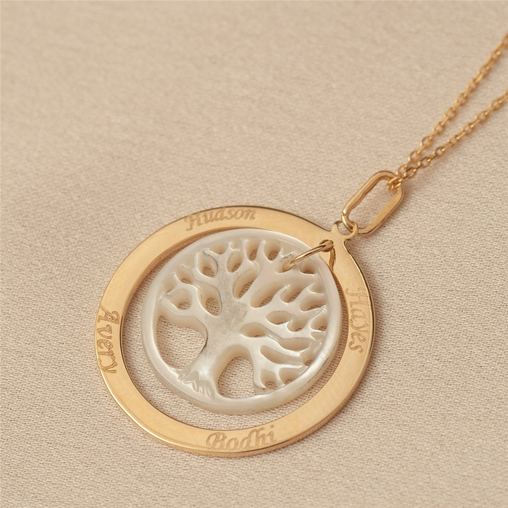 Goldstore-14k Solid Gold and Mother of Pearl Family Tree Necklace Of Life Engraved Name Necklace, Personalized Tree of Life Family Name Necklace.