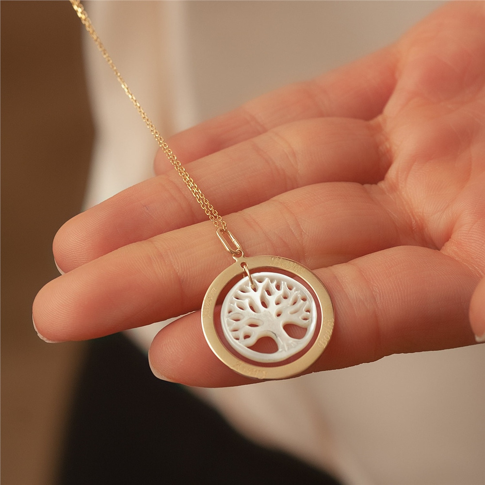 Goldstore-14k Solid Gold and Mother of Pearl Family Tree Necklace Of Life Engraved Name Necklace, Personalized Tree of Life Family Name Necklace.