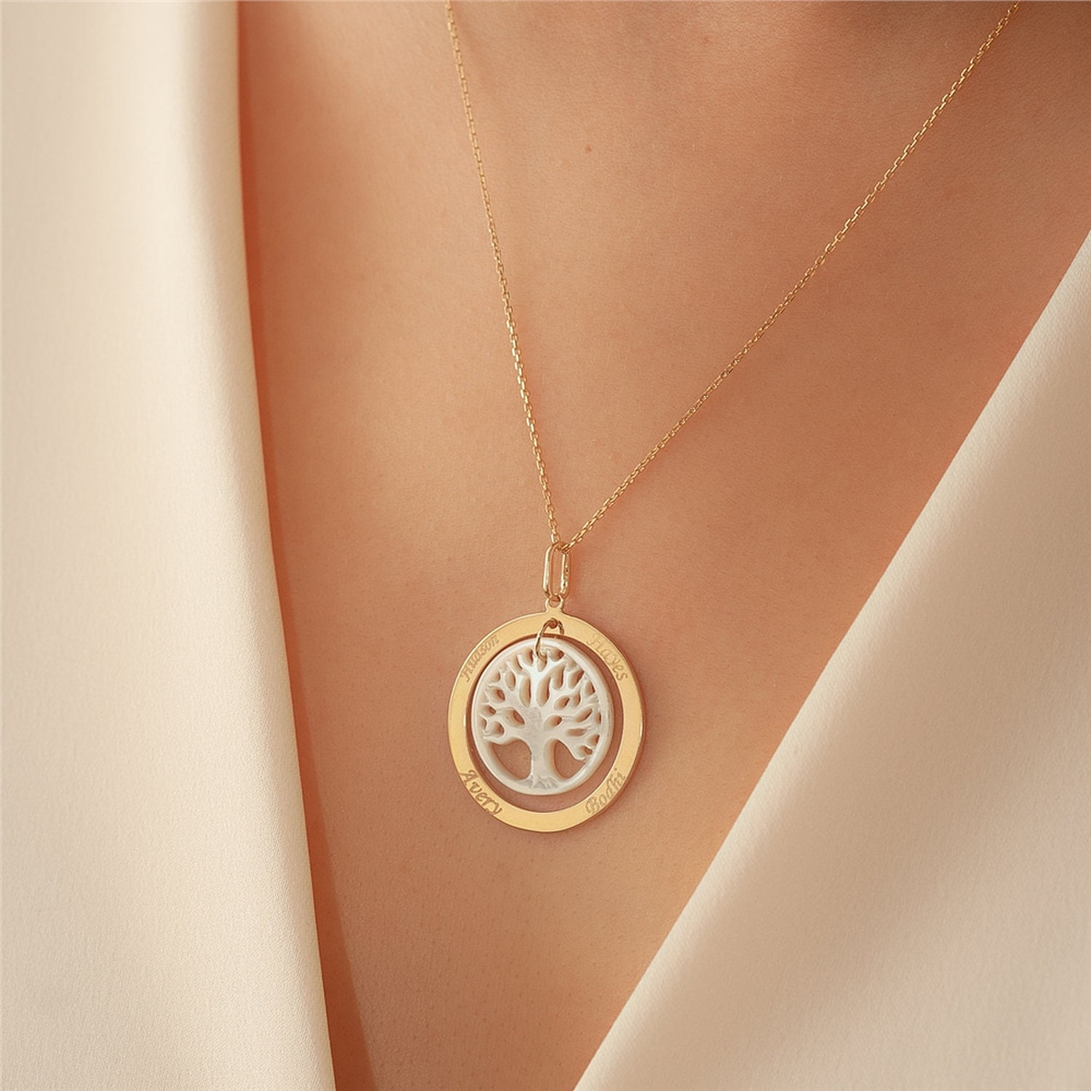 Goldstore-14k Solid Gold and Mother of Pearl Family Tree Necklace Of Life Engraved Name Necklace, Personalized Tree of Life Family Name Necklace.