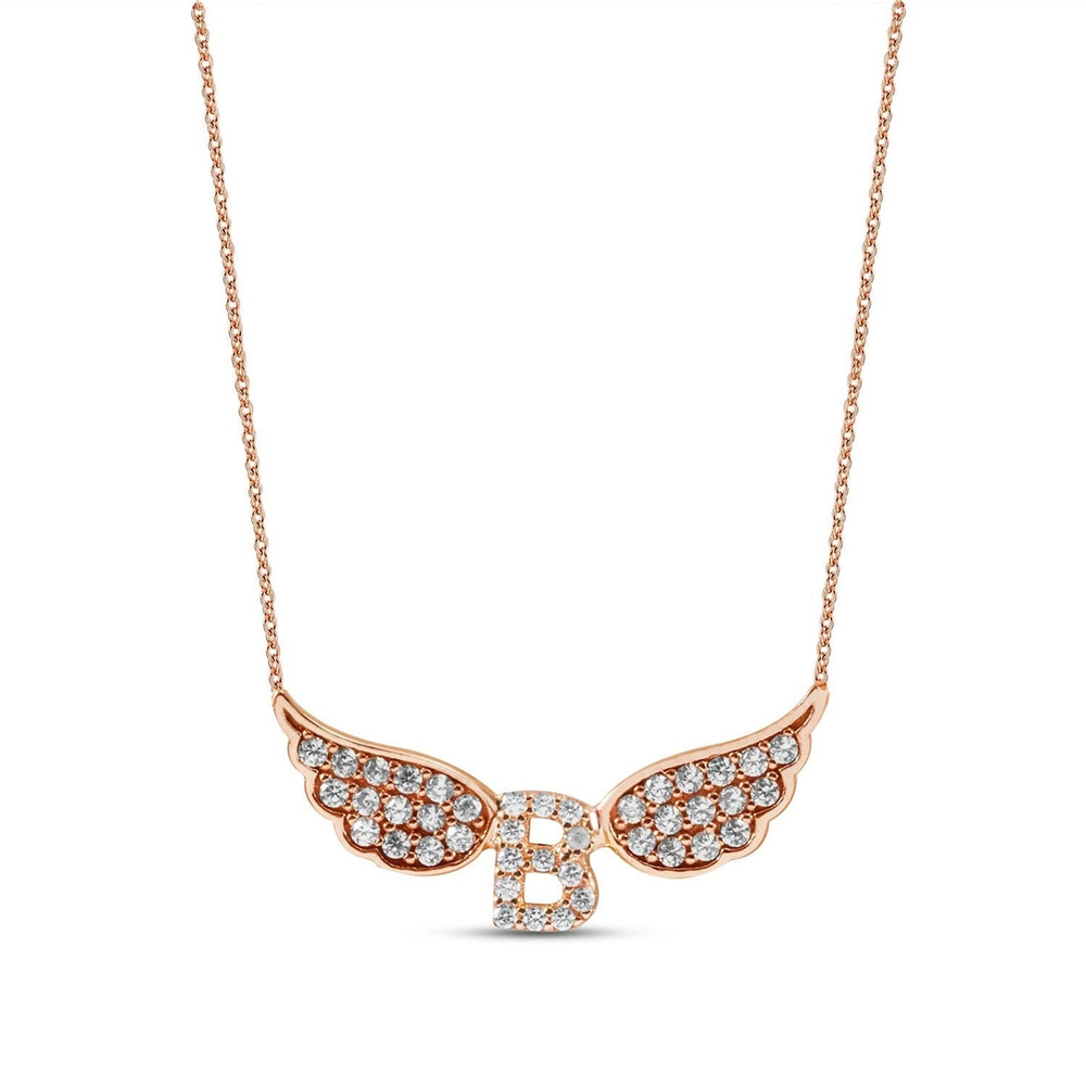 Goldstore-14K Solid Gold Angel Wing Custom Initial Necklace, Personalized Memorial Letter Protector Angel Wings Cz Necklace is a Great Gift for Her