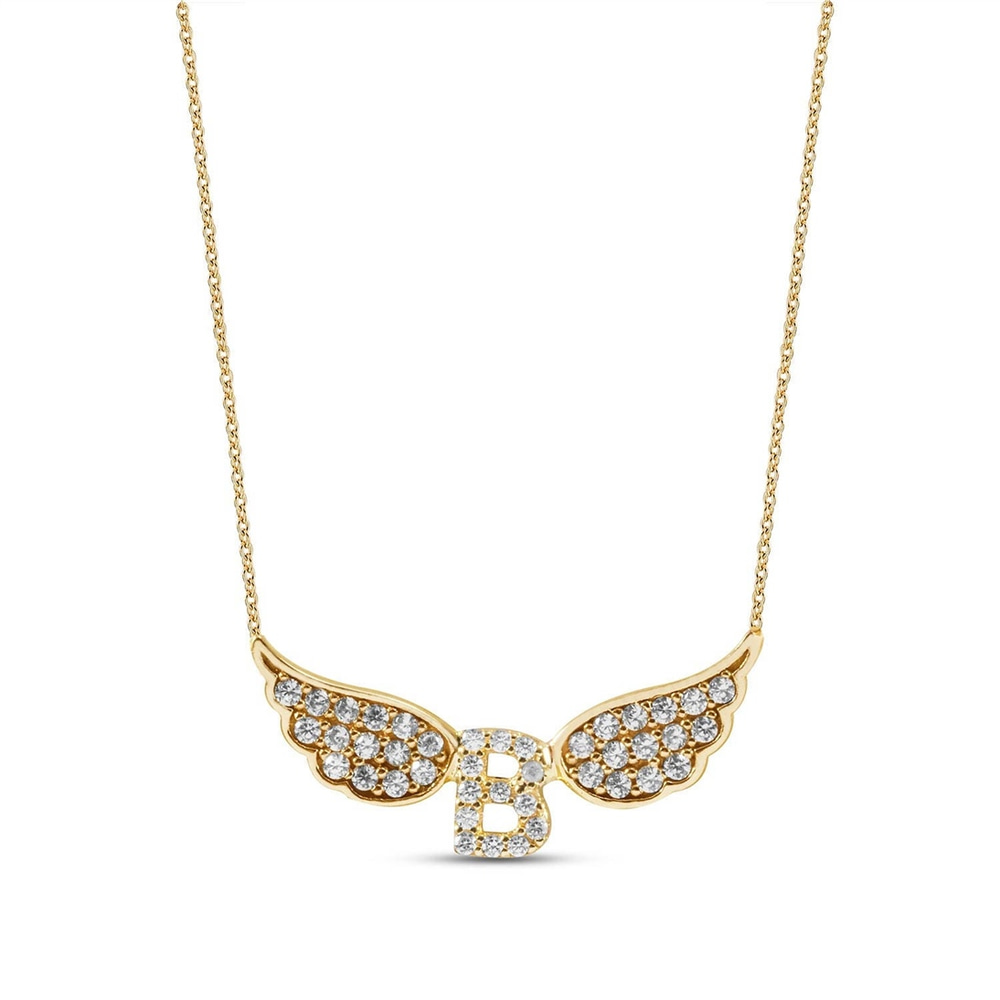 Goldstore-14K Solid Gold Angel Wing Custom Initial Necklace, Personalized Memorial Letter Protector Angel Wings Cz Necklace is a Great Gift for Her