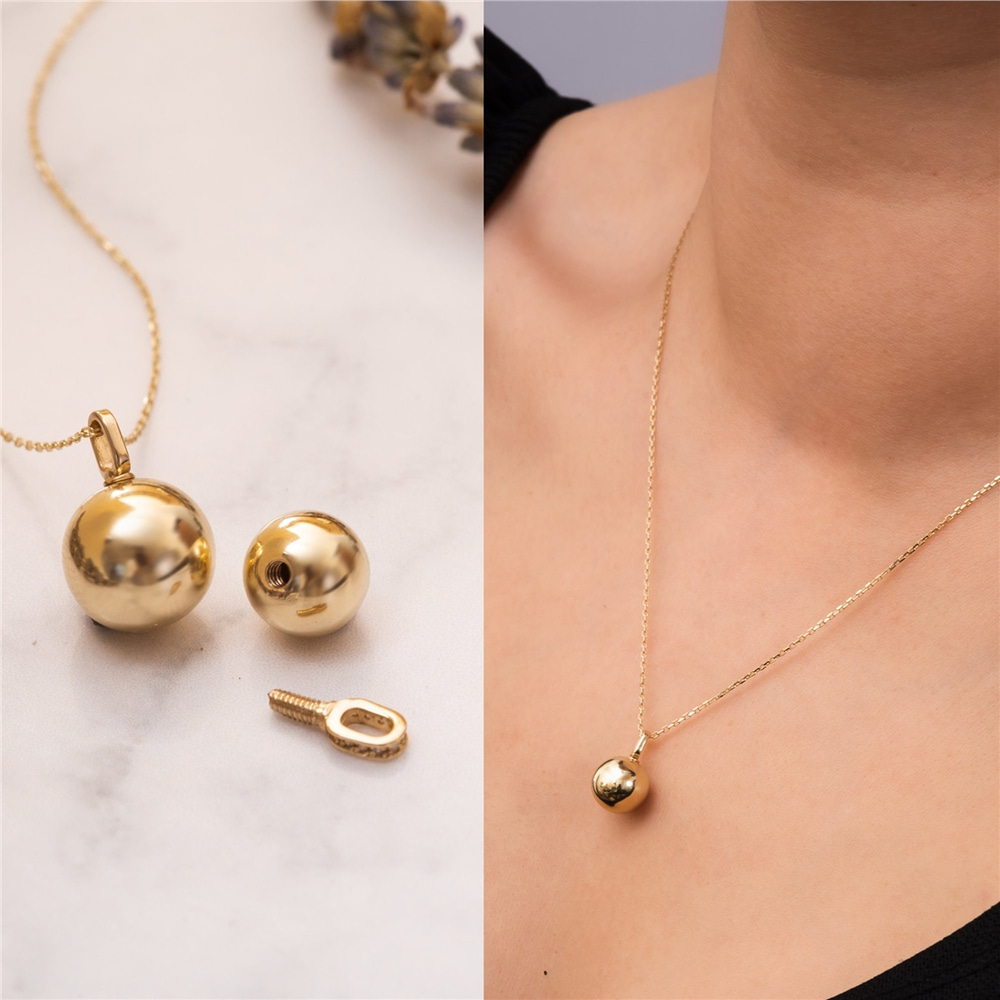Goldstore-14K Solid Gold Ball Cremation Urn Necklace, Custom Ball Urn Charm, Plain Bail or CZ Bail, Memorial Funeral Necklace For Ashes