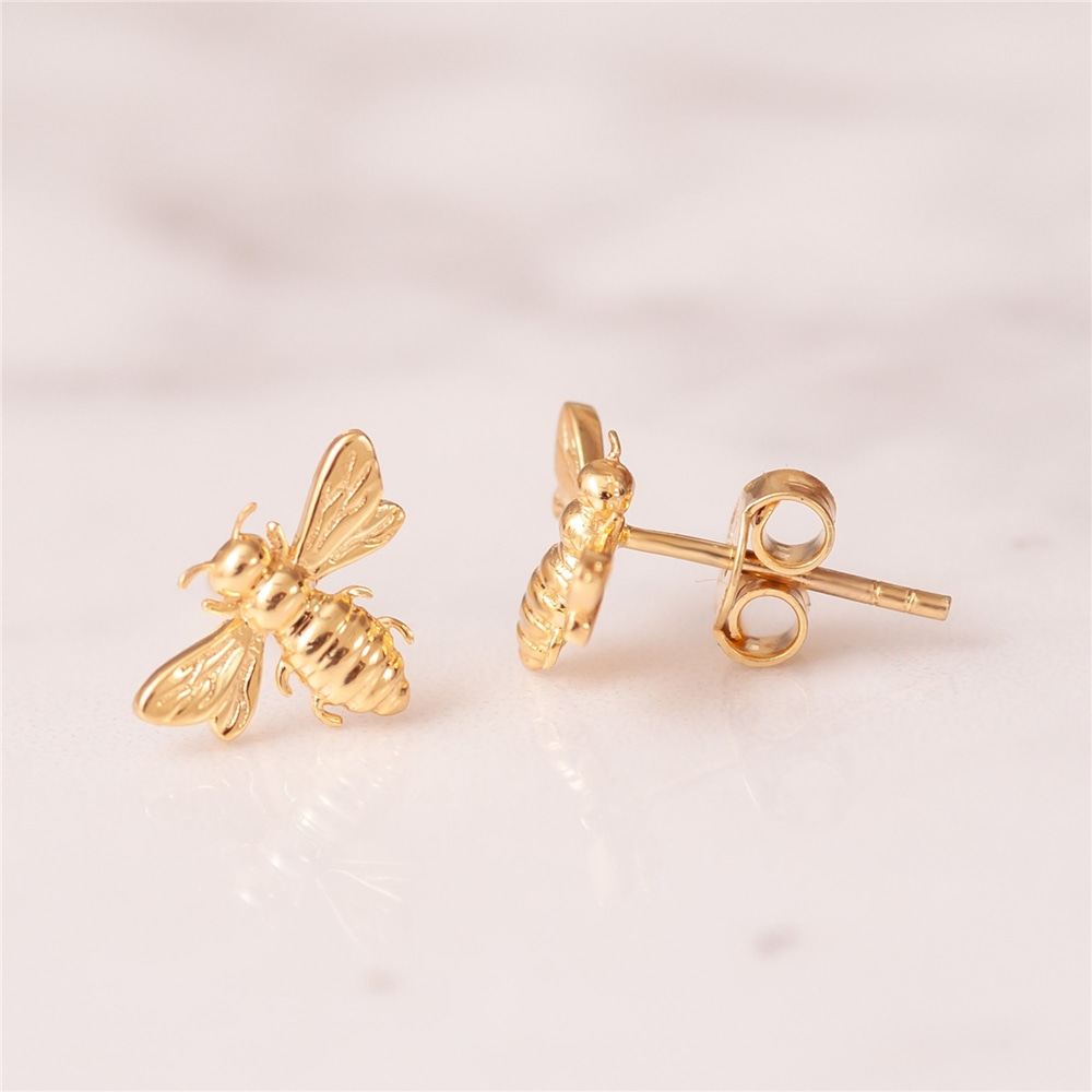 Goldstore-14k Solid Gold Bee Studs Earrings, White or Rose or Yellow Gold Bee Earrings, Bumble Bee Stud Gold Earrings, Honey Bee Earrings Gift For Her