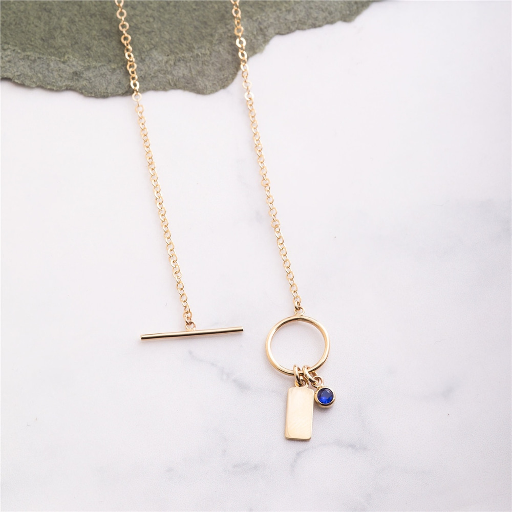 Goldstore-14K Solid Gold Birthstone & Initial Necklace, Custom Engrave Letter Name Toggle Clasp Necklace, Personalized Letter Tag Charm, Gift For Her