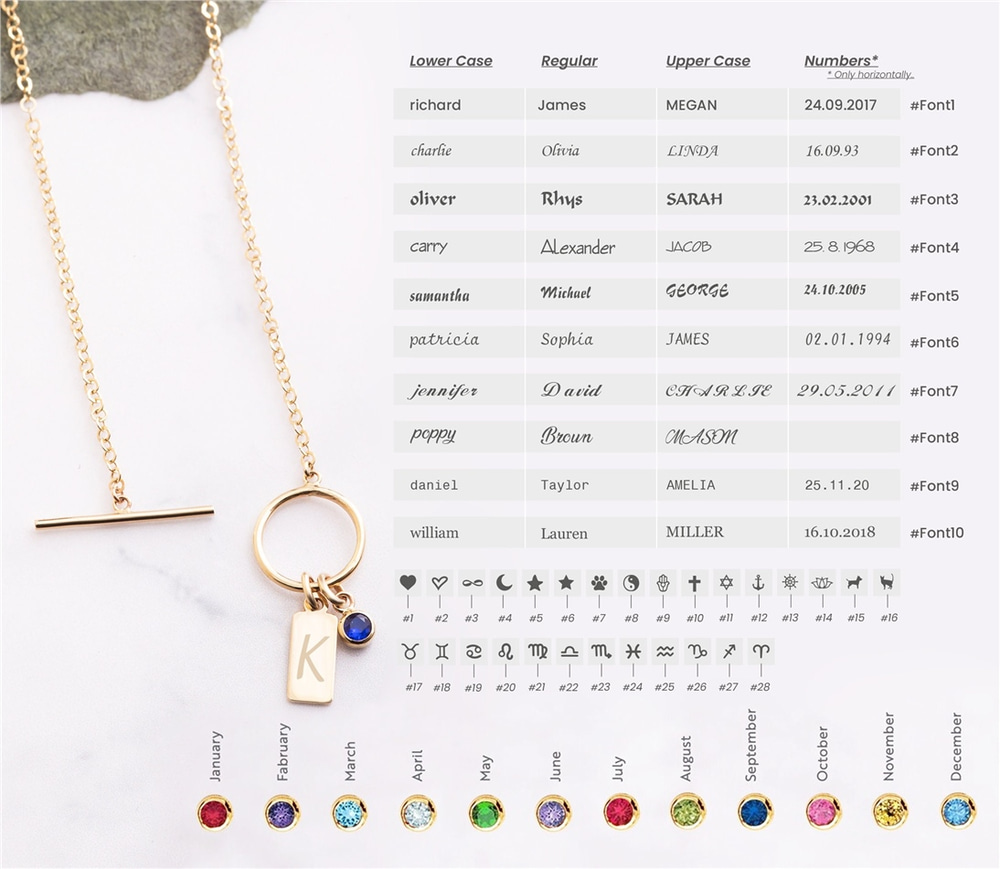 Goldstore-14K Solid Gold Birthstone & Initial Necklace, Custom Engrave Letter Name Toggle Clasp Necklace, Personalized Letter Tag Charm, Gift For Her