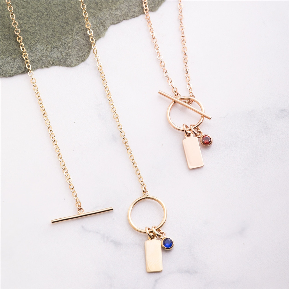 Goldstore-14K Solid Gold Birthstone & Initial Necklace, Custom Engrave Letter Name Toggle Clasp Necklace, Personalized Letter Tag Charm, Gift For Her