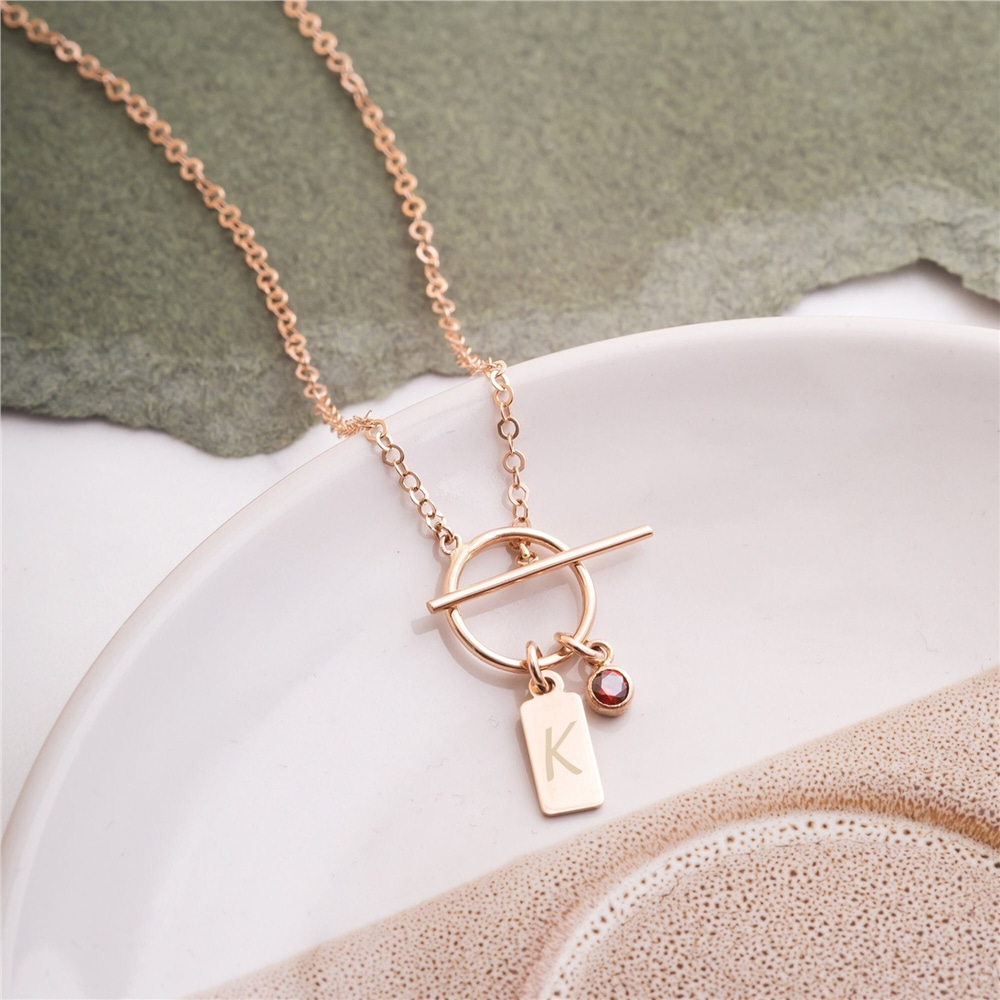 Goldstore-14K Solid Gold Birthstone & Initial Necklace, Custom Engrave Letter Name Toggle Clasp Necklace, Personalized Letter Tag Charm, Gift For Her