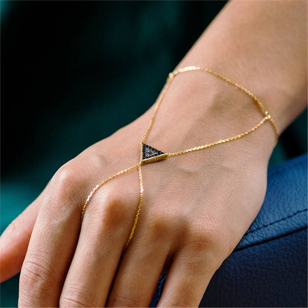Goldstore-14K Solid Gold Blue Eye Ring Bracelet, Elegant Gold Hand Chain Slave Bracelet is a Great Gift For Her. Bridesmaid Gift