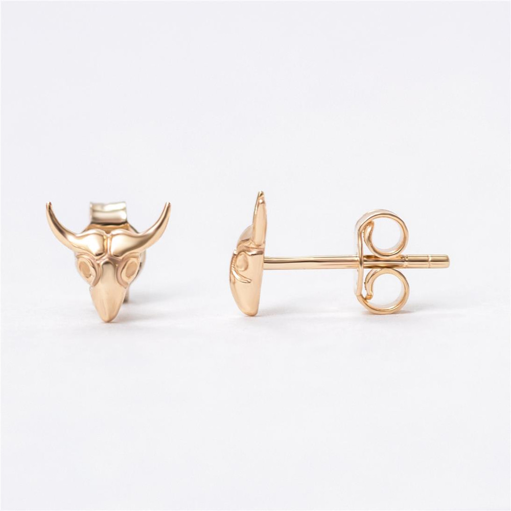 Goldstore-14k Solid Gold Bull Minimalist Stud Earrings, Longhorn Bull Skull Dainty Earrings, Minimal Bull Head Real Gold Earring Gift For Her