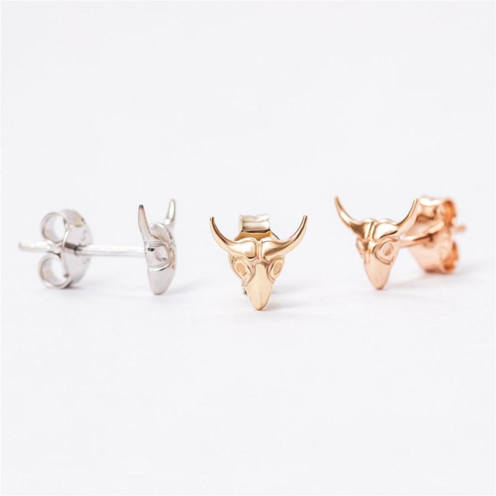 Goldstore-14k Solid Gold Bull Minimalist Stud Earrings, Longhorn Bull Skull Dainty Earrings, Minimal Bull Head Real Gold Earring Gift For Her