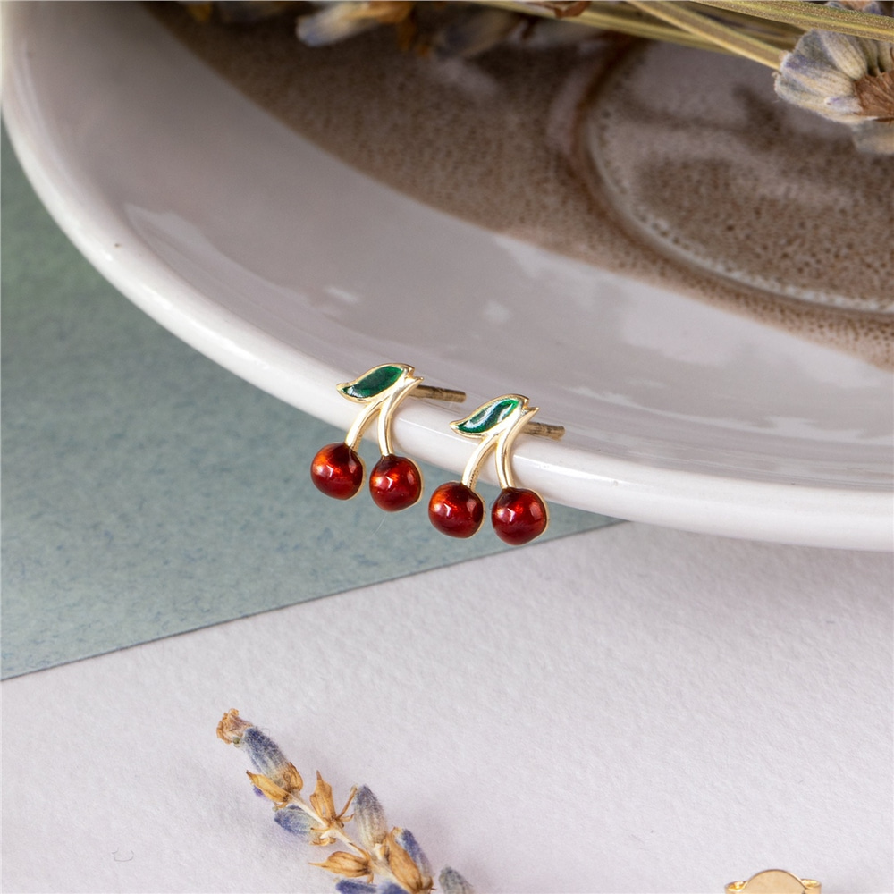 Goldstore-14K Solid Gold Cherry Earrings, Dainty Red Cherries Earrings, Cute Minimalist Fruit Earrings, Tiny Summer Jewelry, Gİft For Her