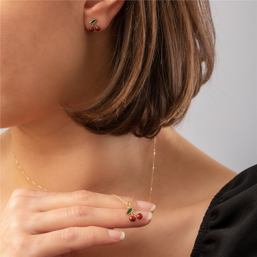 Goldstore-14K Solid Gold Cherry Necklace, Dainty Red Cherries Pendant, Cute Minimalist Fruit Necklace, Tiny Summer Jewelry, Gift For Her