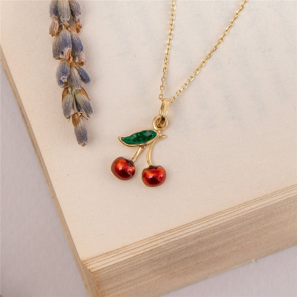 Goldstore-14K Solid Gold Cherry Necklace, Dainty Red Cherries Pendant, Cute Minimalist Fruit Necklace, Tiny Summer Jewelry, Gift For Her