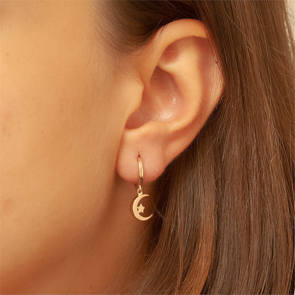 Goldstore-14K Solid Gold Crescent Moon and Star Earring, Classy Gold Moon and Star Dangle Drop Earring is a Great Gift For Her. Gold Earring For Women