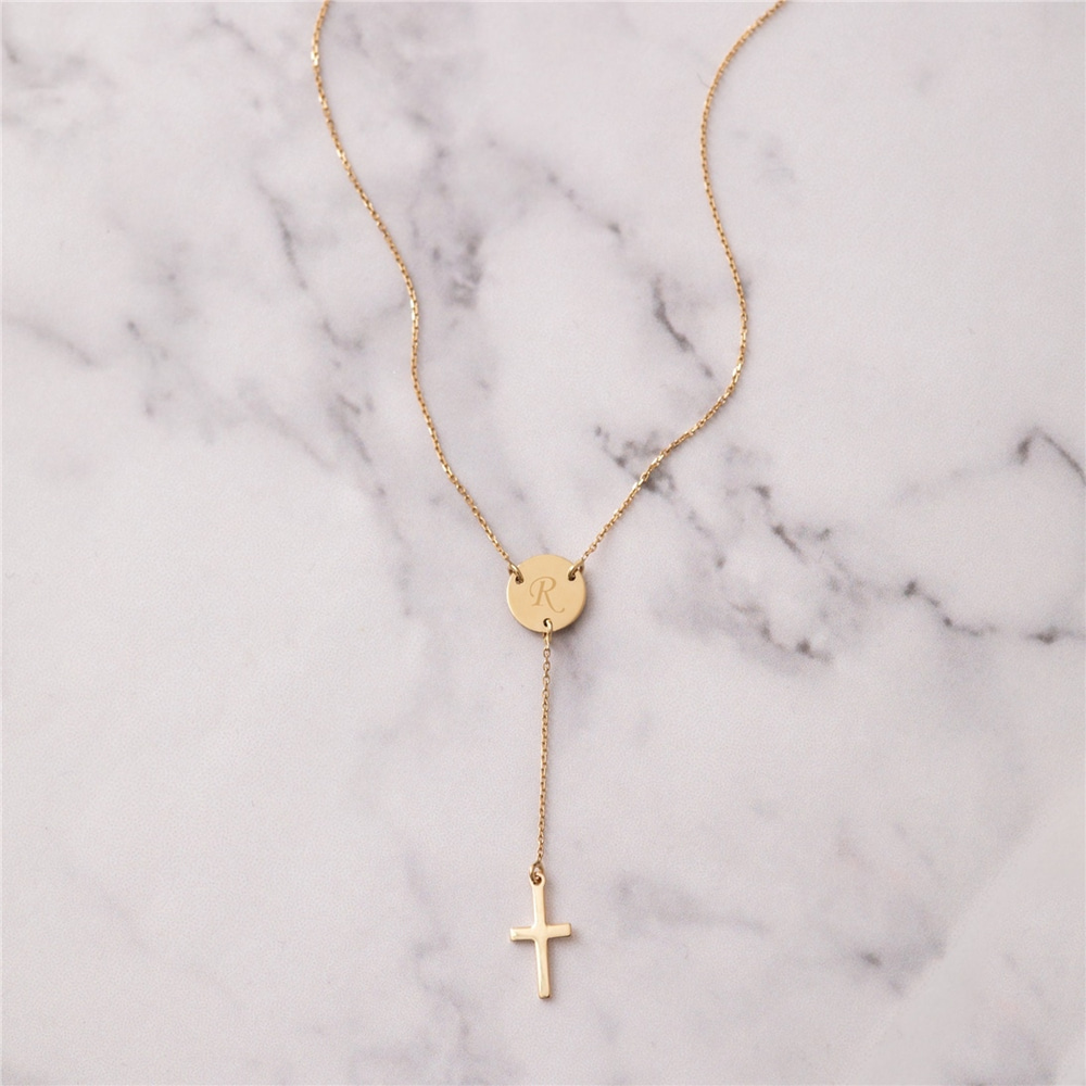 Goldstore-14k Solid Gold Cross Lariat Necklace, Minimal Initial Disc Lariat Necklace, Tiny Cross Long Lariat Necklace, Delicate Y Necklace for Her