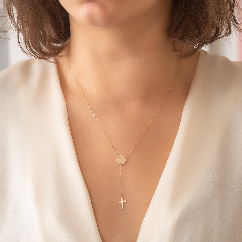 Goldstore-14k Solid Gold Cross Lariat Necklace, Minimal Initial Disc Lariat Necklace, Tiny Cross Long Lariat Necklace, Delicate Y Necklace for Her