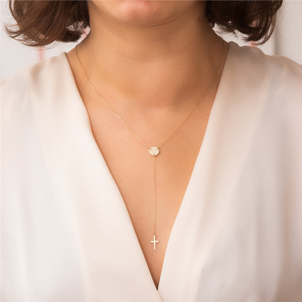 Goldstore-14k Solid Gold Cross Lariat Necklace, Minimal Initial Disc Lariat Necklace, Tiny Cross Long Lariat Necklace, Delicate Y Necklace for Her