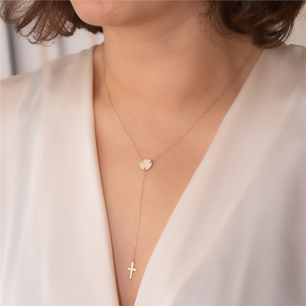 Goldstore-14k Solid Gold Cross Lariat Necklace, Minimal Initial Disc Lariat Necklace, Tiny Cross Long Lariat Necklace, Delicate Y Necklace for Her