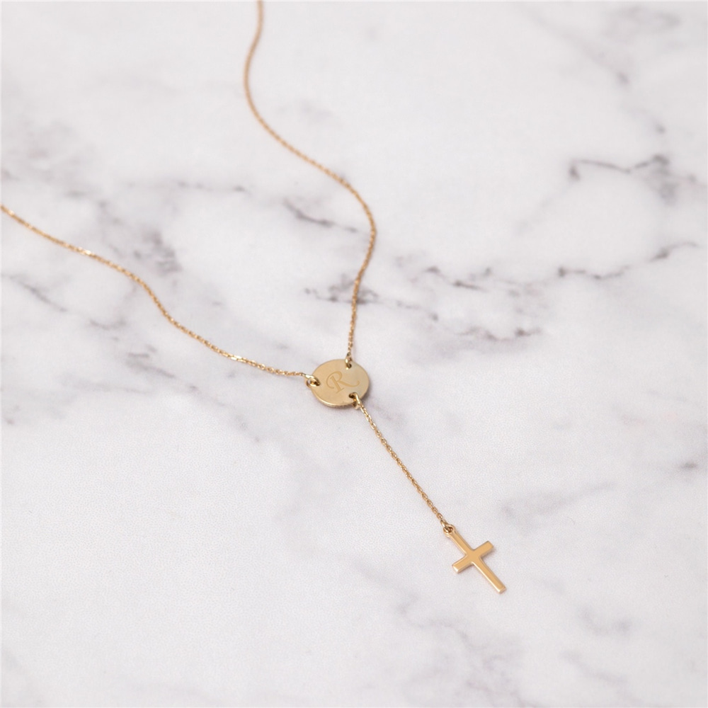 Goldstore-14k Solid Gold Cross Lariat Necklace, Minimal Initial Disc Lariat Necklace, Tiny Cross Long Lariat Necklace, Delicate Y Necklace for Her