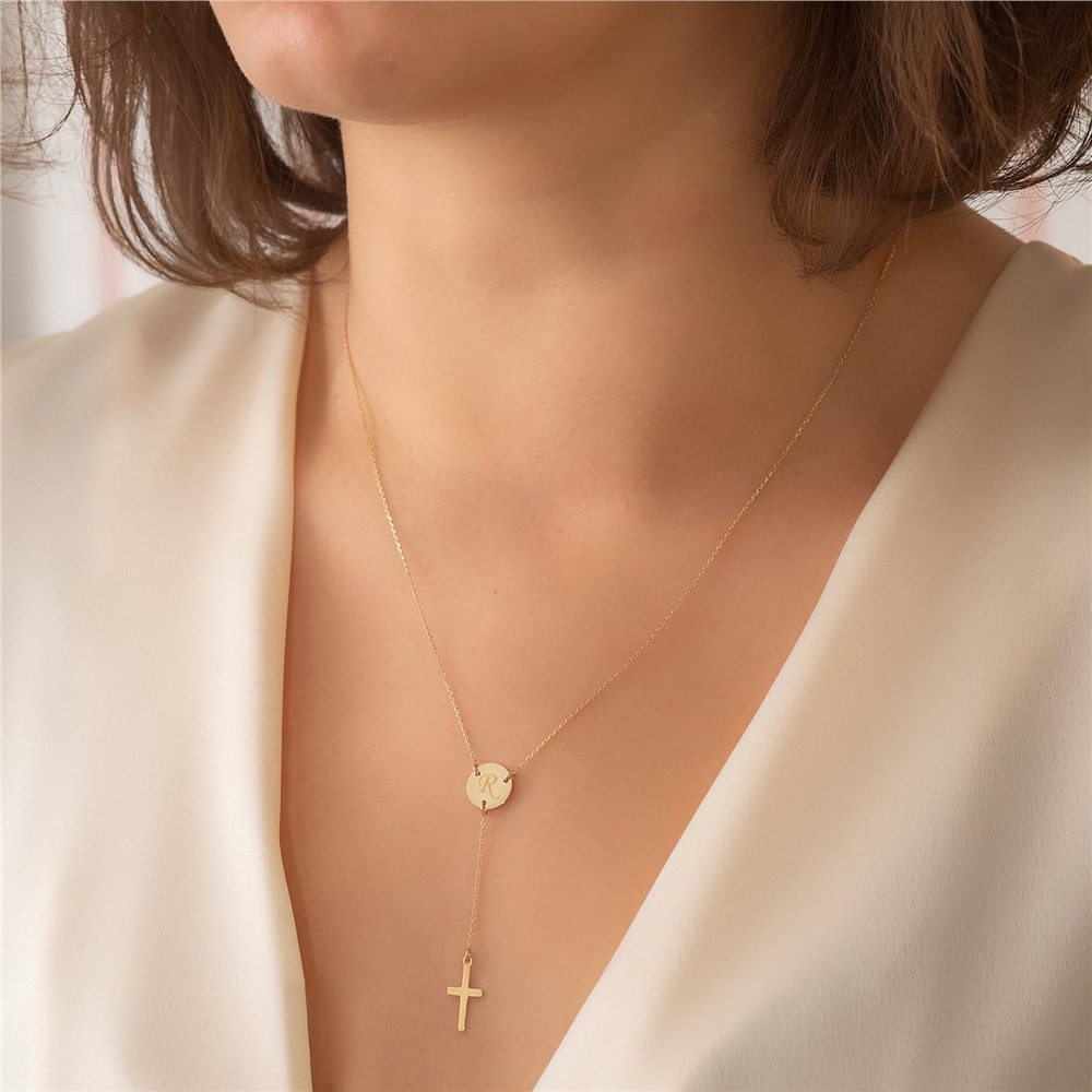 Goldstore-14k Solid Gold Cross Lariat Necklace, Minimal Initial Disc Lariat Necklace, Tiny Cross Long Lariat Necklace, Delicate Y Necklace for Her