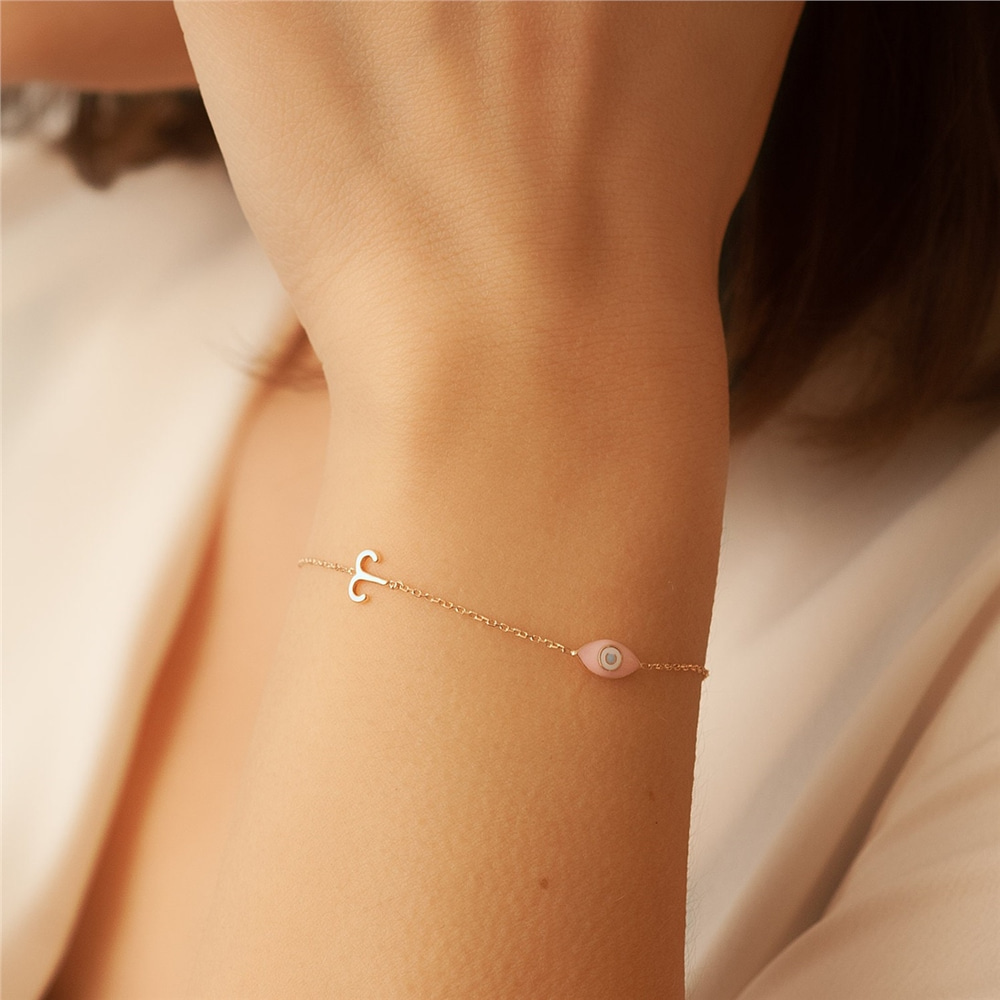 Goldstore-14k Solid Gold Custom Charm Bracelet, Personalized Letter Bracelet And Evil Eye Bracelet, Zodiac Sign Bracelet & Charm Bracelet Gift For Her
