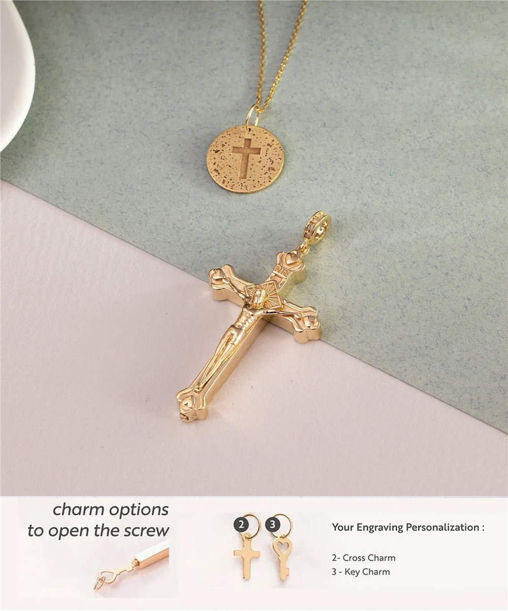Goldstore-14K Solid Gold Custom Cremation Urn Jesus Crucifix Necklace, Memorial Keepsake Funeral Necklace, Personalized Ash Holder Cross Pendant