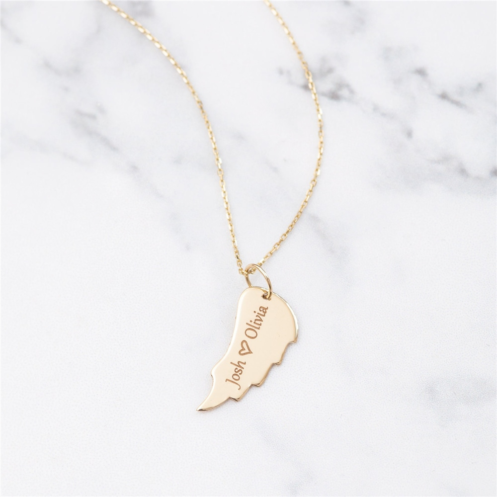 Goldstore-14k Solid Gold Custom Engrave Angel Wing Necklace, Plain Real Gold Wing Memorial Necklace, Dainty Gold Personalized Wing Keepsake Necklace
