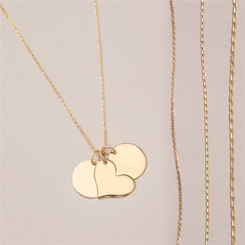 Goldstore-14K Solid Gold Custom Engrave Name Disk Necklace, Personalized 12mm Round & Heart Gold Charm Pendant Necklace, Engravable Multi Disc Pendant