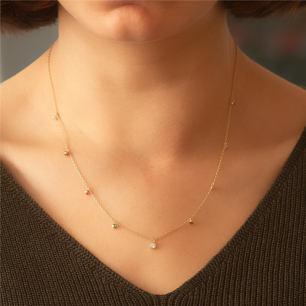 Goldstore-14k Solid Gold Custom Family Birthstone Necklace, Station Birthstone necklace in Yellow White or Rose Gold, CZ Birthstone Necklace Gift For