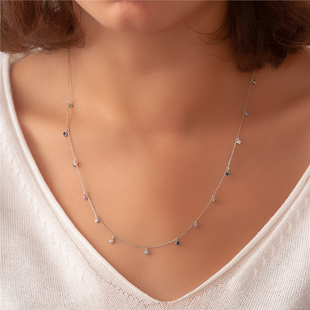 Goldstore-14k Solid Gold Custom Family Birthstone Necklace, Station Birthstone necklace in Yellow White or Rose Gold, CZ Birthstone Necklace Gift For