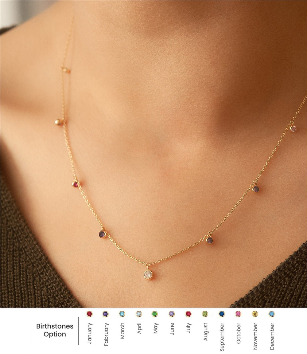 Goldstore-14k Solid Gold Custom Family Birthstone Necklace, Station Birthstone necklace in Yellow White or Rose Gold, CZ Birthstone Necklace Gift For