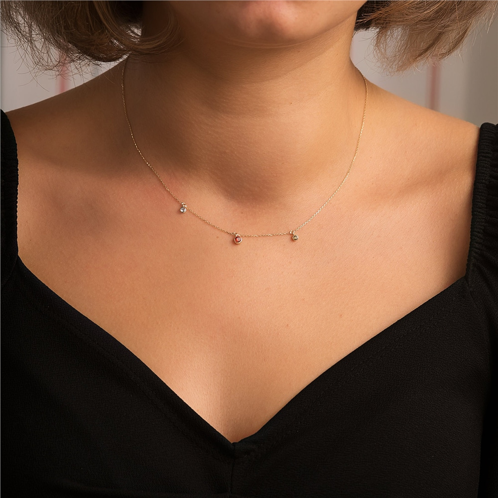 Goldstore-14k Solid Gold Custom Family Birthstone Necklace, Station Birthstone necklace in Yellow White or Rose Gold, CZ Birthstone Necklace Gift For