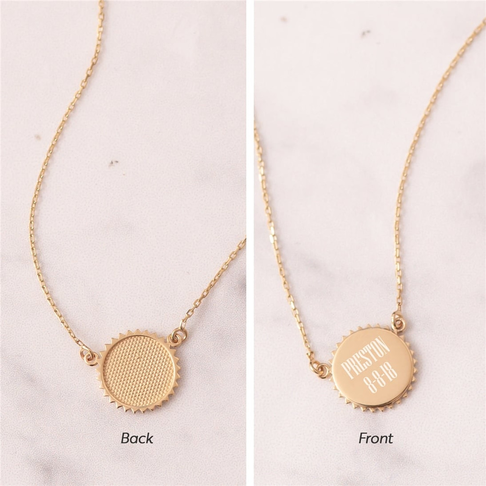 Goldstore-14k Solid Gold Custom Name Date Coordinate Engraved Sunburst Disc Necklace, Personalized Initial Disc Pendant Necklace Great Gift For Her