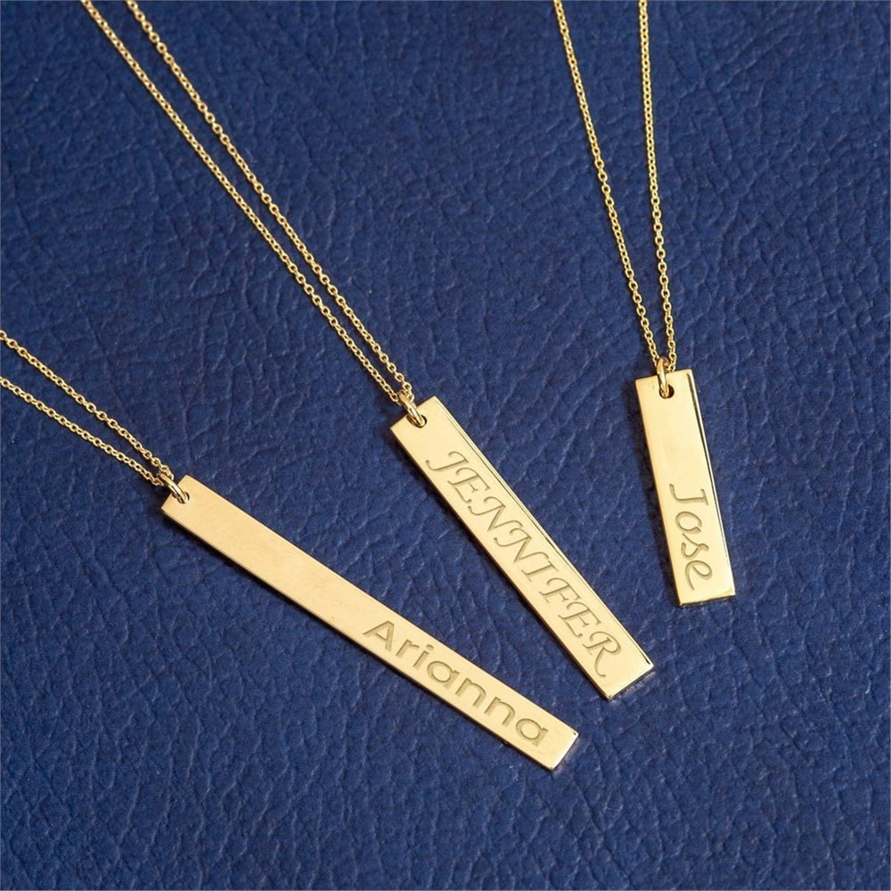 Goldstore-14k Solid Gold Custom Name Vertical Bar Necklace, Elegant Personalized Name Bar Necklace is a Great Gift For Her. Valentine's Gift