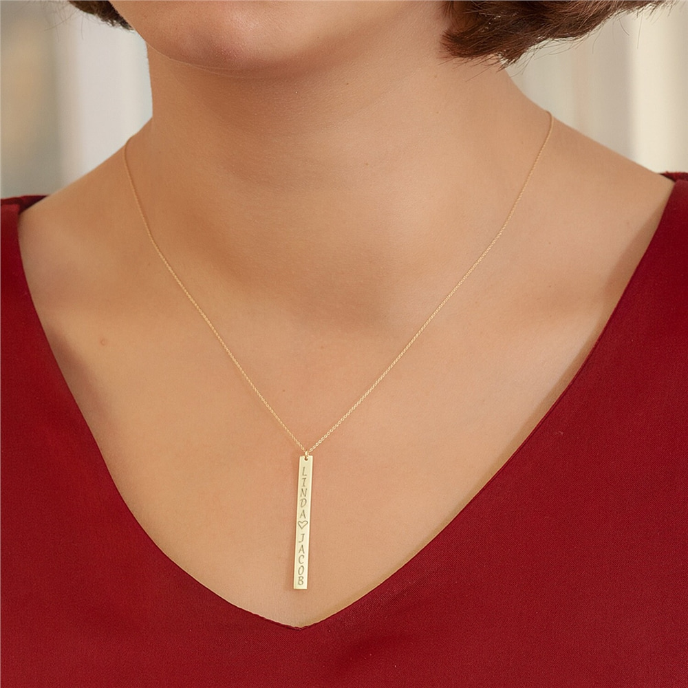 Goldstore-14k Solid Gold Custom Name Vertical Bar Necklace, Bff Necklace Personalized Long Bar is a Gift For Her. Valentine's Gift & Birthday Gift