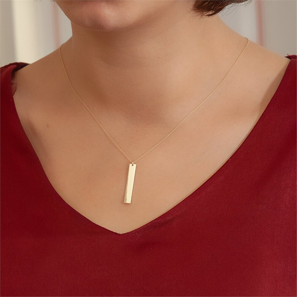 Goldstore-14k Solid Gold Custom Name Vertical Bar Necklace, Elegant Personalized Name Bar Necklace is a Great Gift For Her. Valentine's Gift
