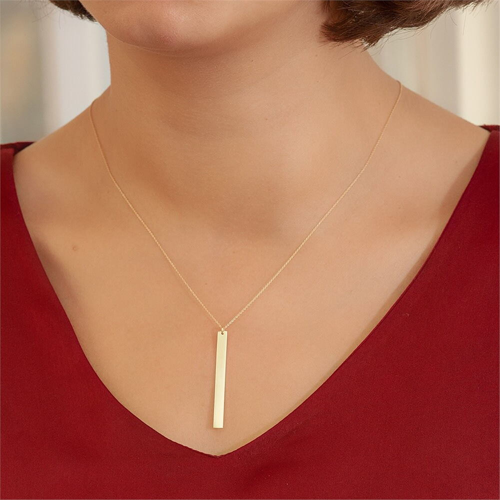 Goldstore-14k Solid Gold Custom Name Vertical Bar Necklace, Elegant Personalized Name Bar Necklace is a Great Gift For Her. Valentine's Gift