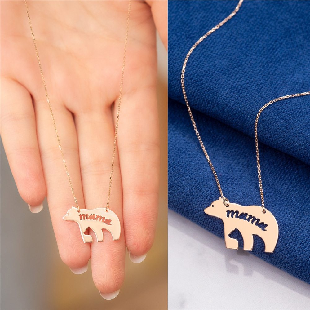 Goldstore-14K Solid Gold Cutout Mama Bear Necklace, Mothers Day Gift, Mom and Son, Mom and Daughter, Mama Bear Necklace,New Mom Necklace, Gift For Mom