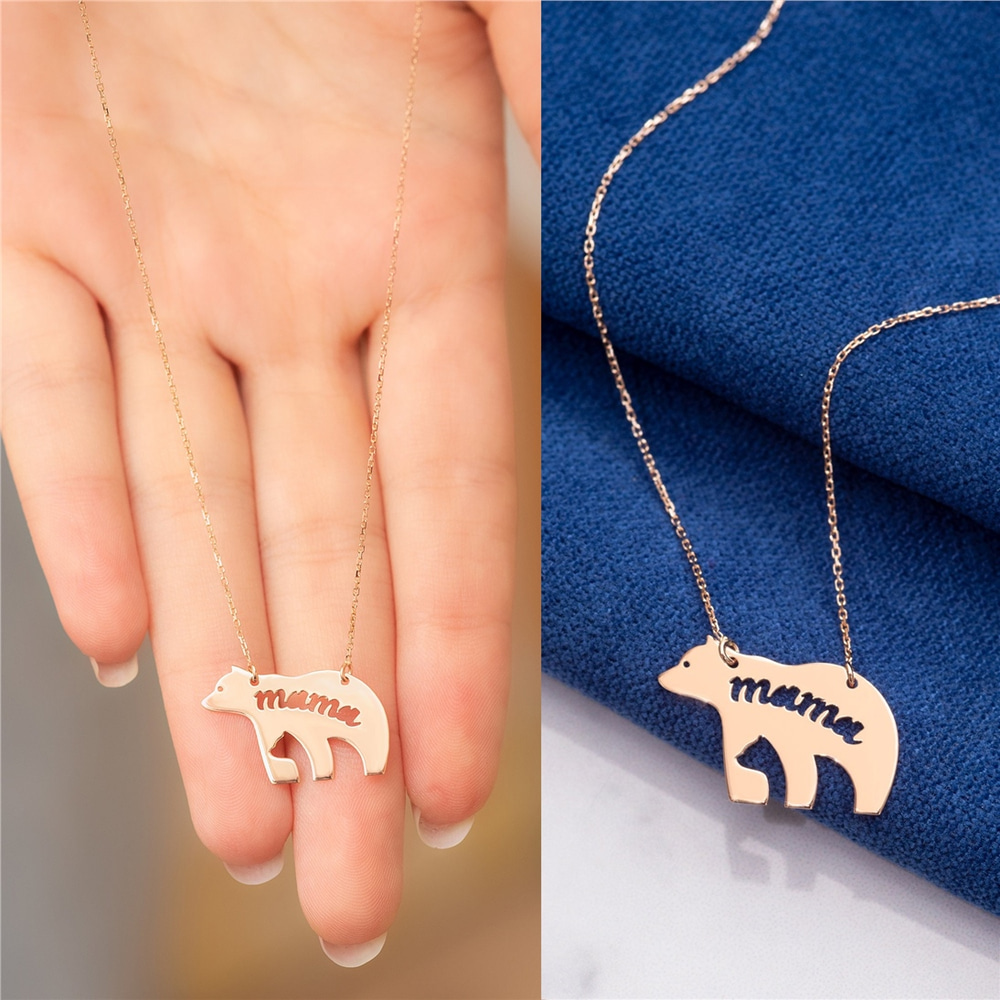 Goldstore-14K Solid Gold Cutout Mama Bear Necklace, Mothers Day Gift, Mom and Son, Mom and Daughter, Mama Bear Necklace,New Mom Necklace, Gift For Mom