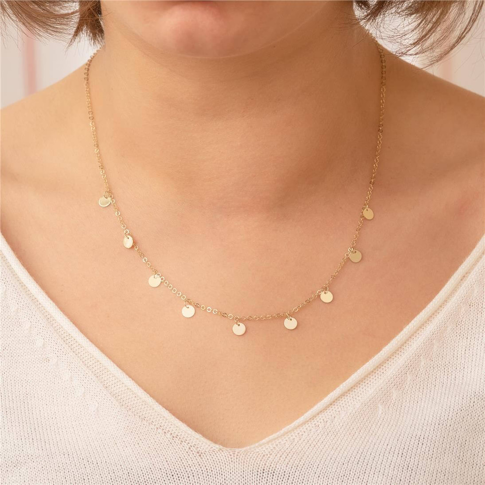 Goldstore-14K Solid Gold Dainty Multi Disk Necklace, Custom Number Coin Minimal Necklace, Multiple Disc Charm Choker Necklace, Boho Gold Coin Choker