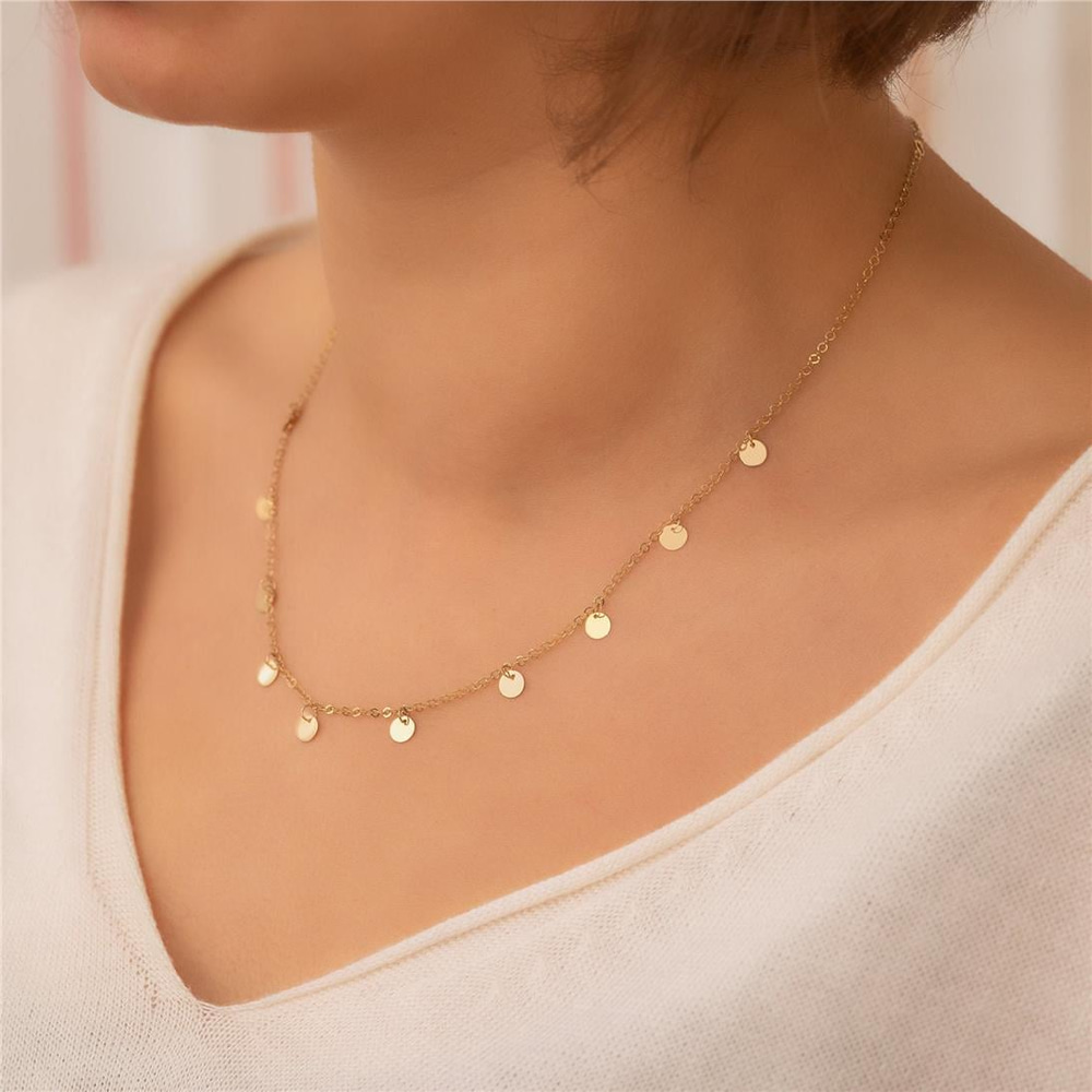 Goldstore-14K Solid Gold Dainty Multi Disk Necklace, Custom Number Coin Minimal Necklace, Multiple Disc Charm Choker Necklace, Boho Gold Coin Choker