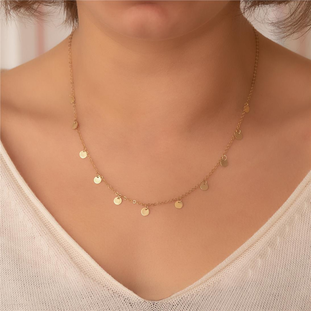 Goldstore-14K Solid Gold Dainty Multi Disk Necklace, Custom Number Coin Minimal Necklace, Multiple Disc Charm Choker Necklace, Boho Gold Coin Choker