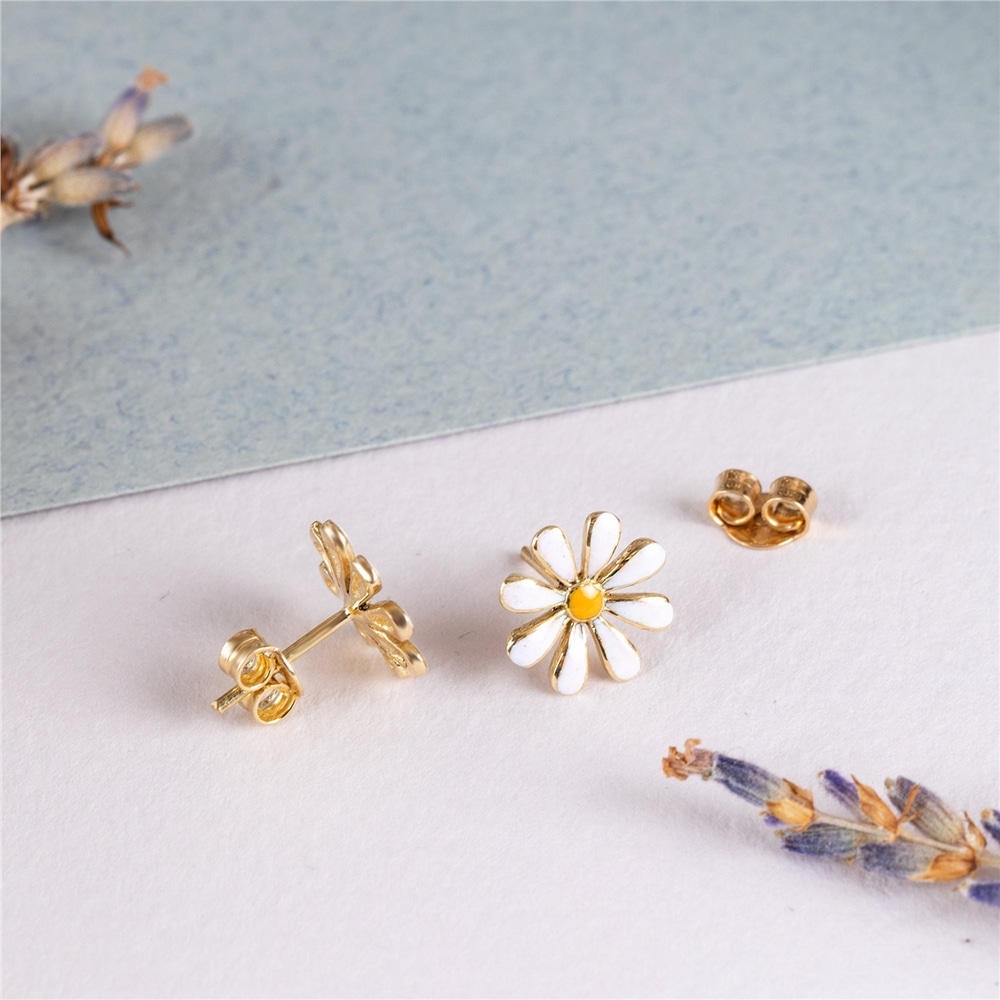 Goldstore-14K Solid Gold Daisy Flower Earrings, Dainty White Daisy Earrings, Beautiful Everyday Floral Jewelry, Nature Lover, Cute Gift For Her