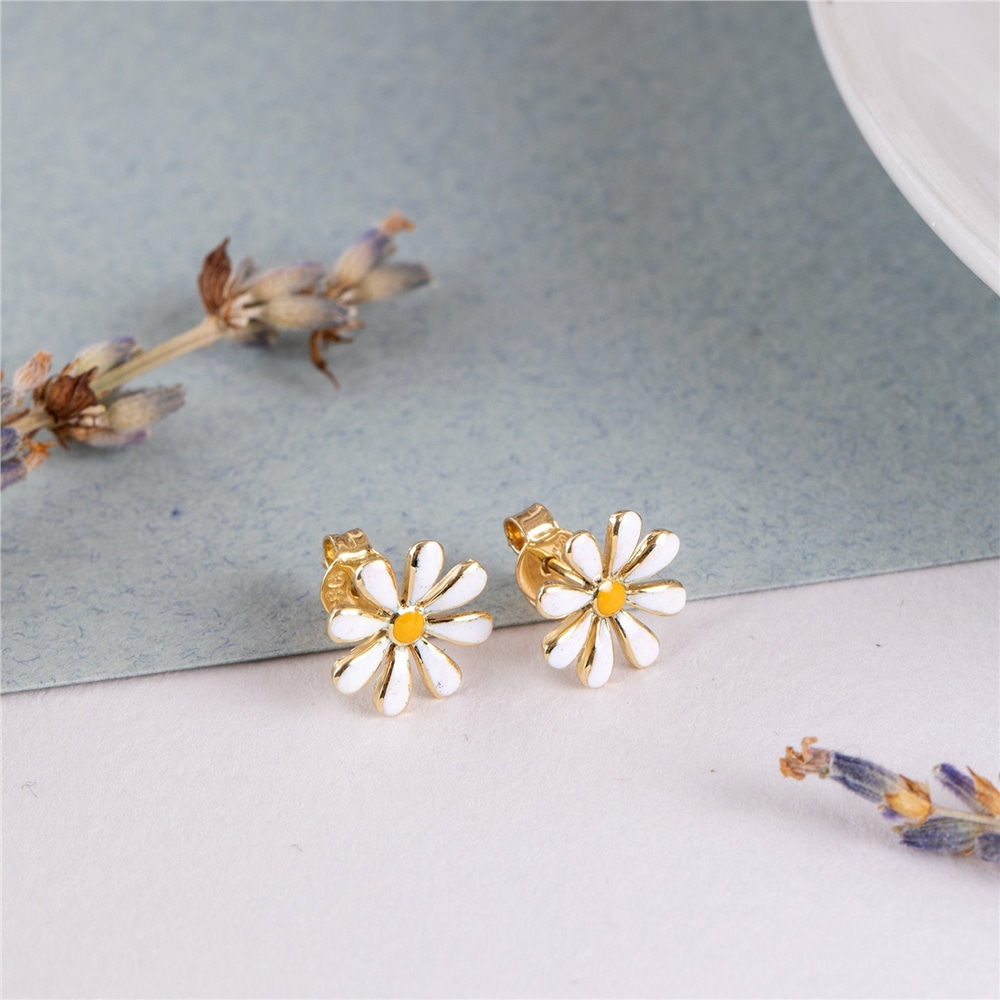Goldstore-14K Solid Gold Daisy Flower Earrings, Dainty White Daisy Earrings, Beautiful Everyday Floral Jewelry, Nature Lover, Cute Gift For Her