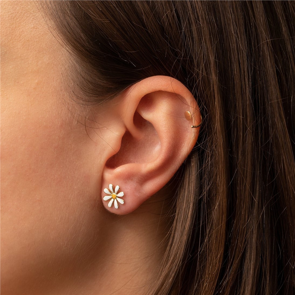 Goldstore-14K Solid Gold Daisy Flower Earrings, Dainty White Daisy Earrings, Beautiful Everyday Floral Jewelry, Nature Lover, Cute Gift For Her