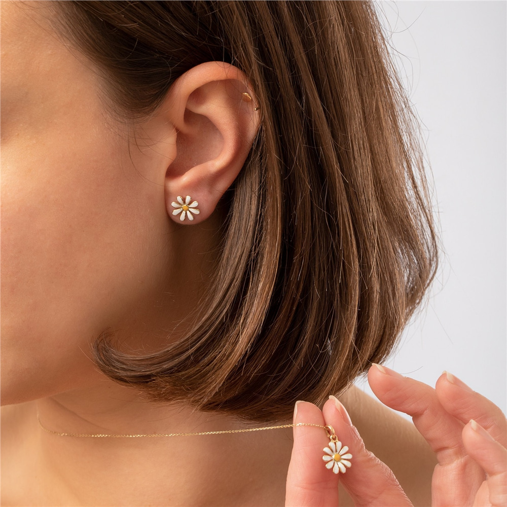 Goldstore-14K Solid Gold Daisy Flower Necklace, Dainty White Daisy Pendant, Beautiful Everyday Floral Jewelry, Nature Lover, Cute Gift For Her
