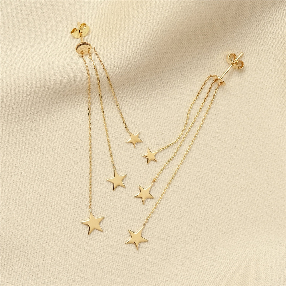 Goldstore-14K Solid Gold Dangle Drops Chain 3 Stars Earring. Dainty Gold Star Drop Dangle Earring is a Great Gift For Her. Gold Chain Earring